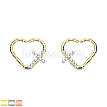 Brass CZ Paved Cross Heart Shape Ear Cartilge, Daith Hoop Rings - Image 2