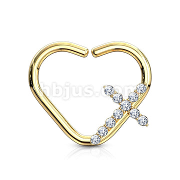 Brass CZ Paved Cross Heart Shape Ear Cartilge, Daith Hoop Rings - Image 3