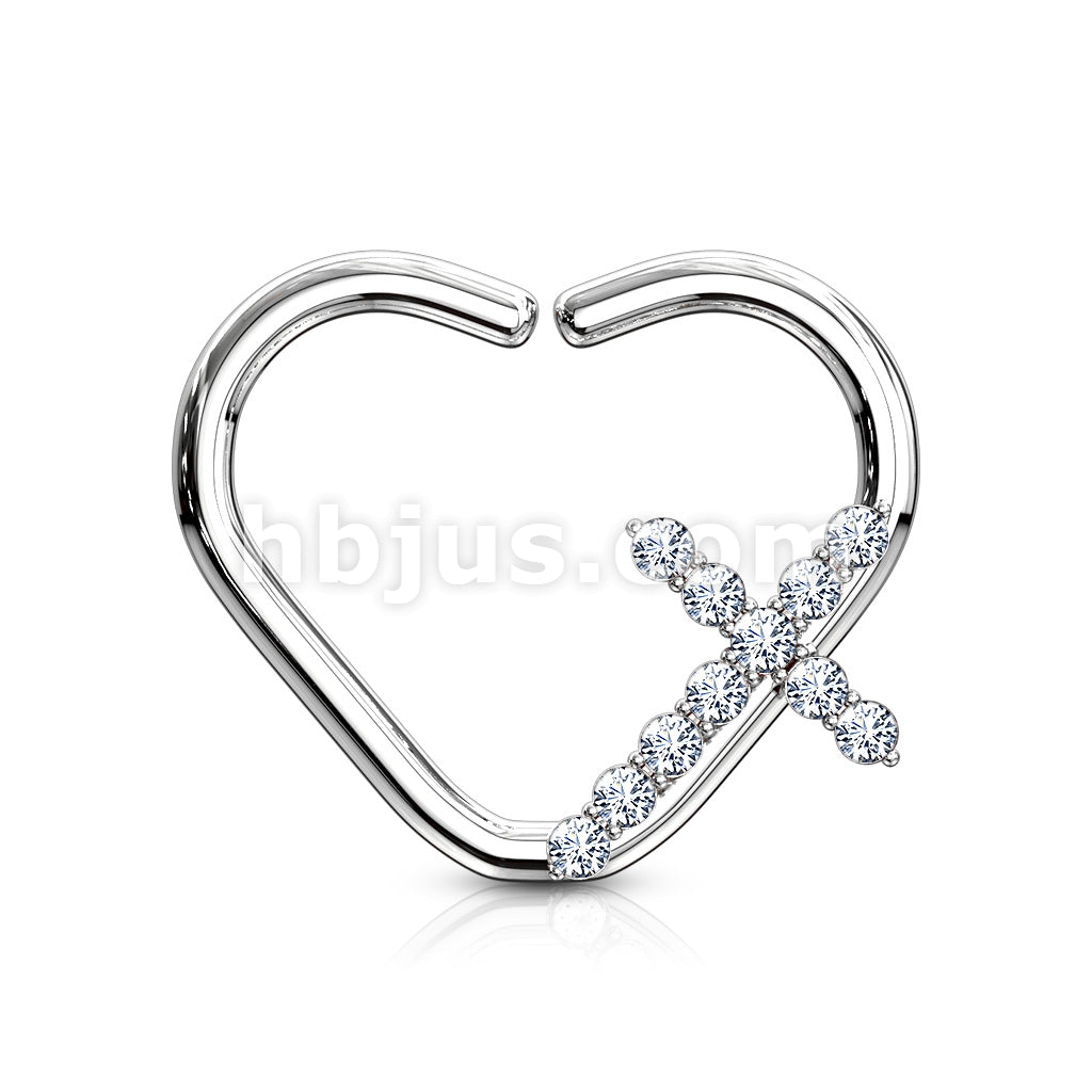 Brass CZ Paved Cross Heart Shape Ear Cartilge, Daith Hoop Rings - Image 4