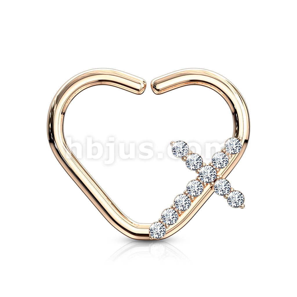 Brass CZ Paved Cross Heart Shape Ear Cartilge, Daith Hoop Rings - Image 5