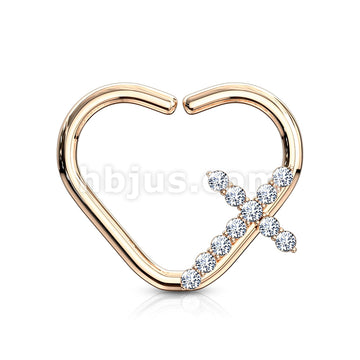 Brass CZ Paved Cross Heart Shape Ear Cartilge, Daith Hoop Rings - Image 5