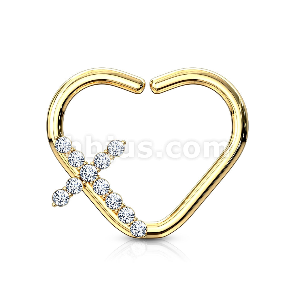 Brass CZ Paved Cross Heart Shape Ear Cartilge, Daith Hoop Rings - Image 6