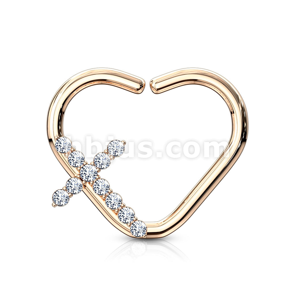 Brass CZ Paved Cross Heart Shape Ear Cartilge, Daith Hoop Rings - Image 8
