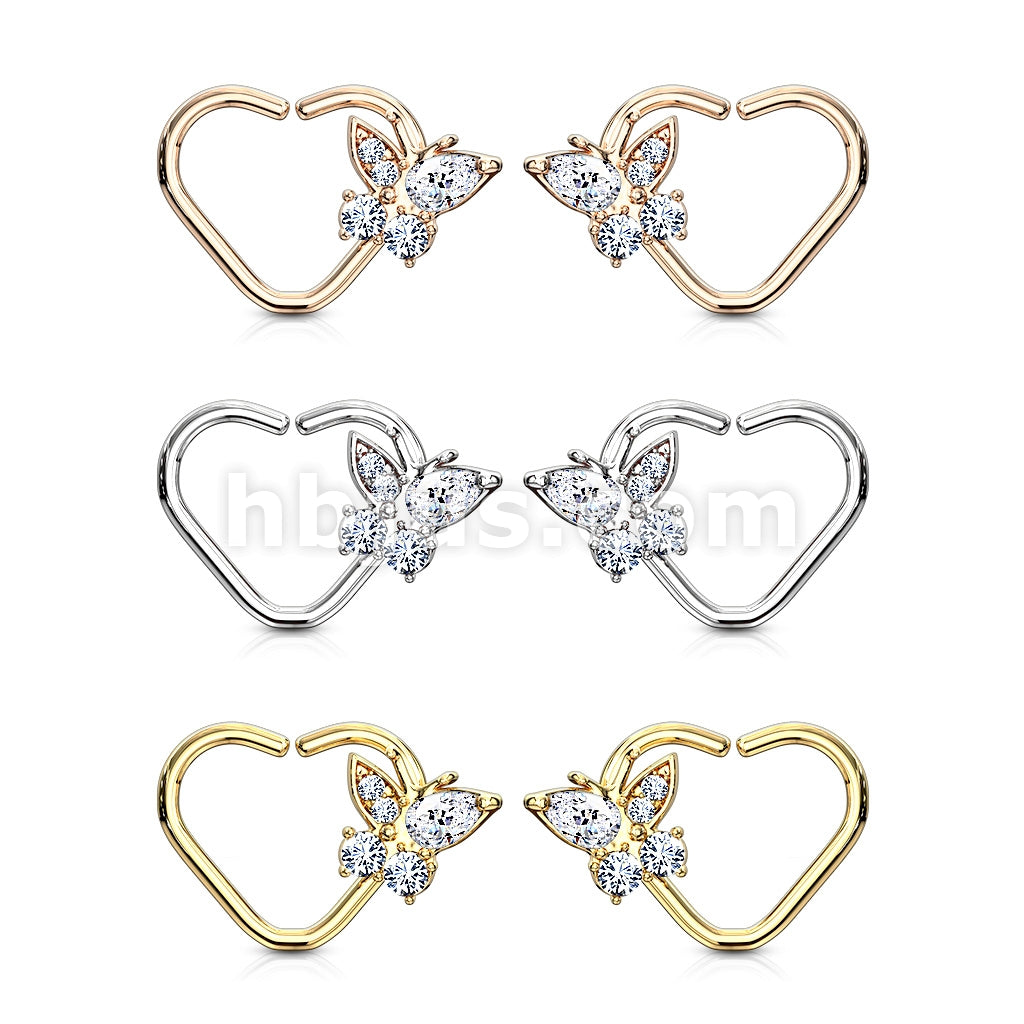 Brass CZ Butterfly set Heart Shape Ear Cartilge, Daith Hoop Rings - Image 10