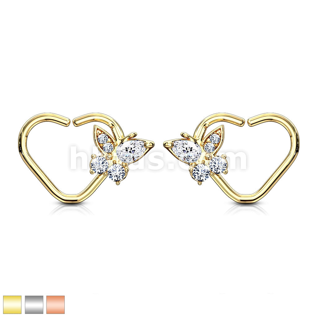 Brass CZ Butterfly set Heart Shape Ear Cartilge, Daith Hoop Rings - Image 2