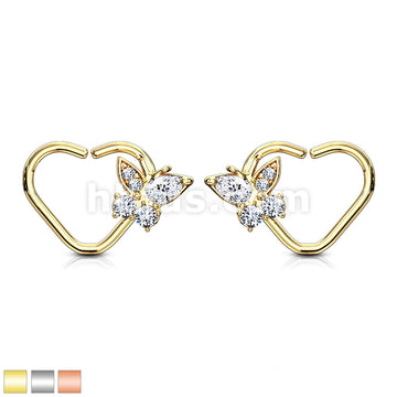 Brass CZ Butterfly set Heart Shape Ear Cartilge, Daith Hoop Rings - Image 2