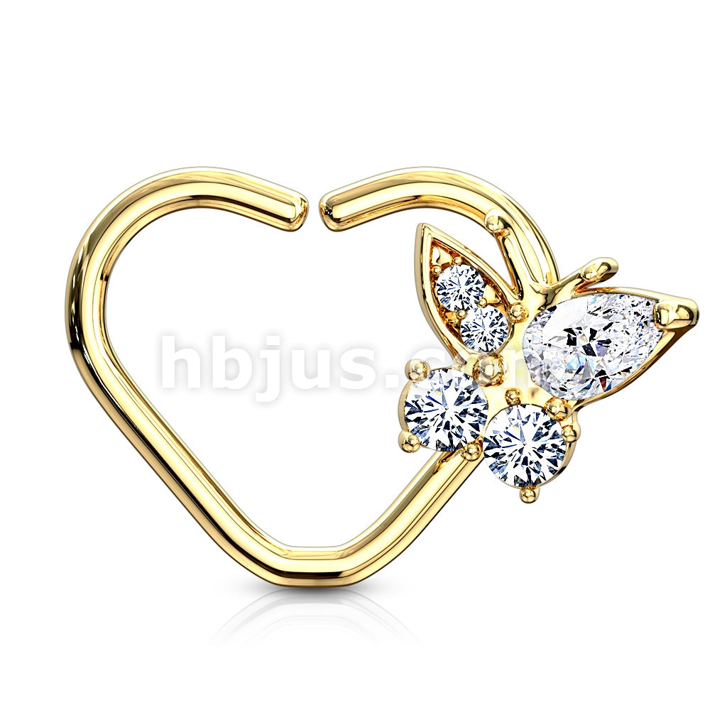 Brass CZ Butterfly set Heart Shape Ear Cartilge, Daith Hoop Rings - Image 3