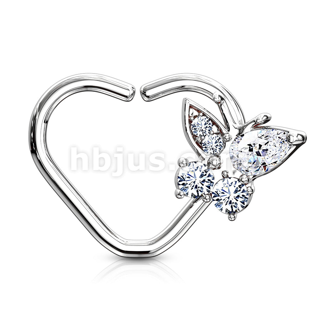 Brass CZ Butterfly set Heart Shape Ear Cartilge, Daith Hoop Rings - Image 4
