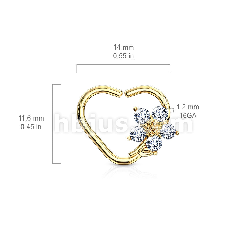 Brass CZ Flower Heart Shape Ear Cartilge, Daith Hoop Rings - Image 9