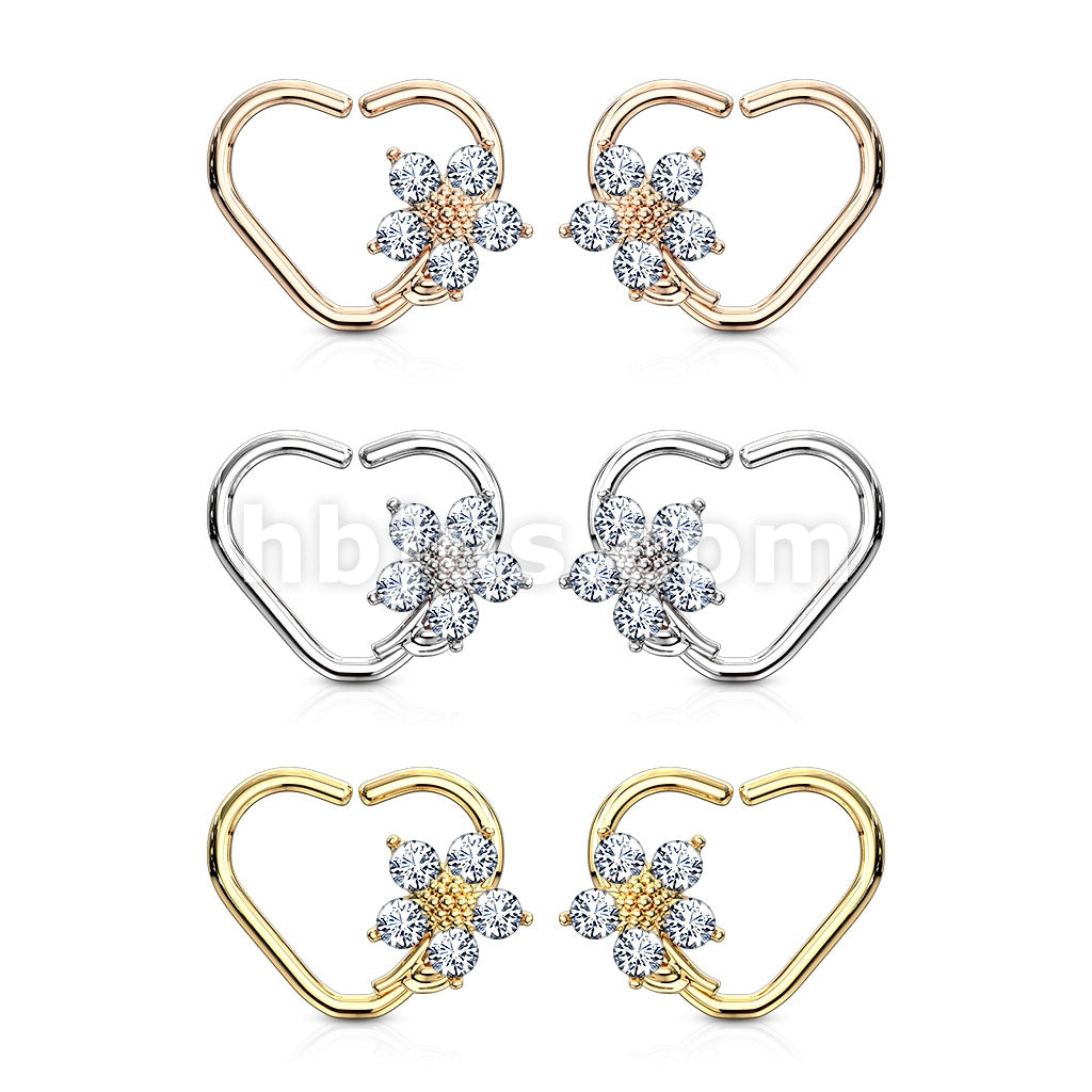 Brass CZ Flower Heart Shape Ear Cartilge, Daith Hoop Rings - Image 10