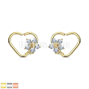 Brass CZ Flower Heart Shape Ear Cartilge, Daith Hoop Rings - Image 2