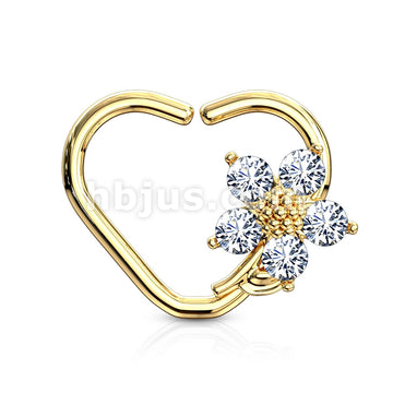 Brass CZ Flower Heart Shape Ear Cartilge, Daith Hoop Rings - Image 3