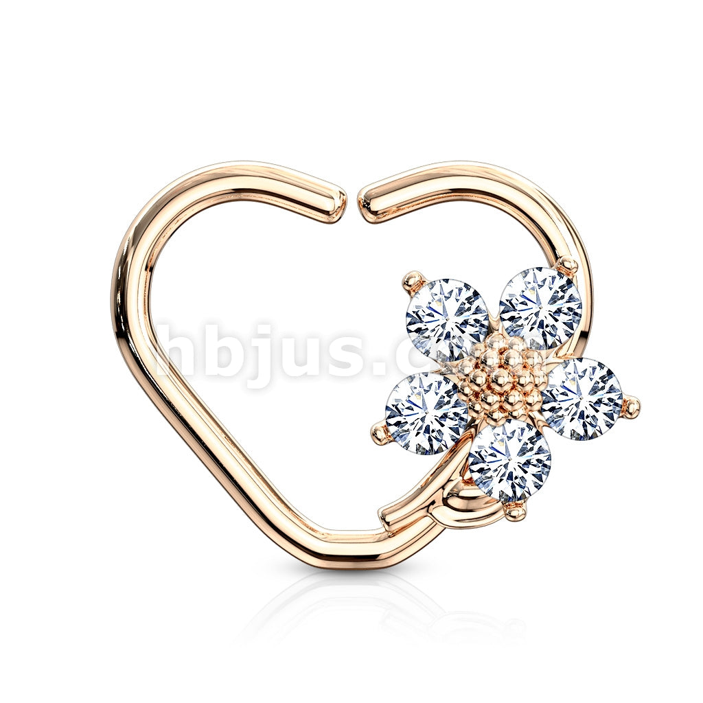 Brass CZ Flower Heart Shape Ear Cartilge, Daith Hoop Rings - Image 5
