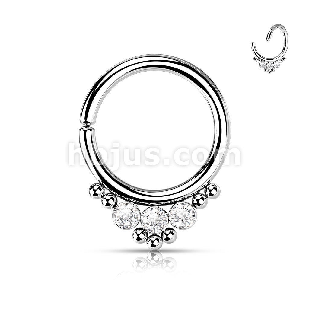3 CZ Round Flat Ball With Cluster Bead All 316L Surgical Steel Bendable Hoop Ring for Cartilage, Nose Septum and More - Image 3