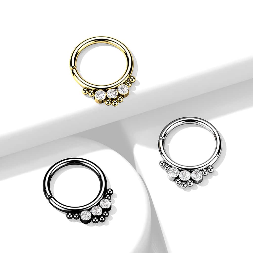 3 CZ Round Flat Ball With Cluster Bead All 316L Surgical Steel Bendable Hoop Ring for Cartilage, Nose Septum and More