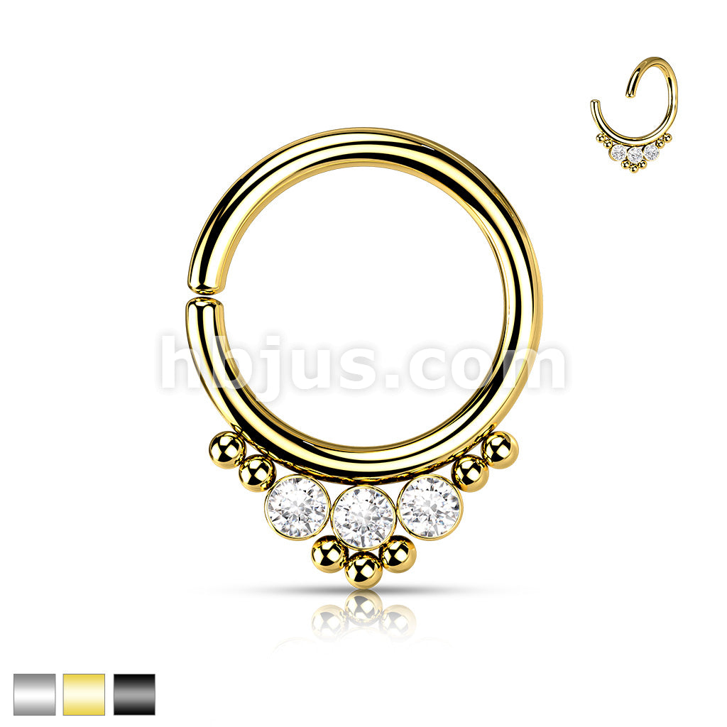 3 CZ Round Flat Ball With Cluster Bead All 316L Surgical Steel Bendable Hoop Ring for Cartilage, Nose Septum and More - Image 2