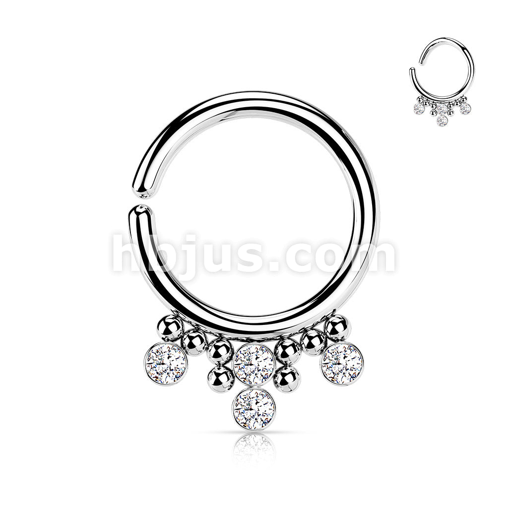 All 316L Surgical Steel Bendable Hoop Ring With 4 Round CZ Flat Balls and Clustered Beads  - Image 2