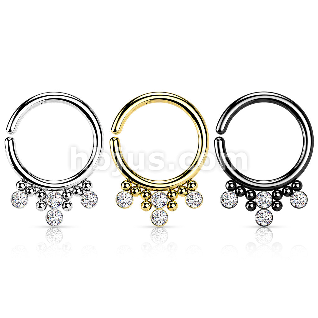 All 316L Surgical Steel Bendable Hoop Ring With 4 Round CZ Flat Balls and Clustered Beads  - Image 6