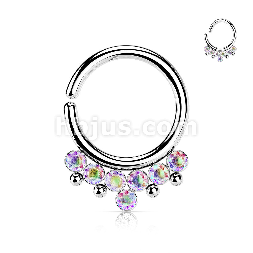 All 316L Surgical Steel Bendable Hoop Ring With 7 Round CZ Flat Balls and Bead - Image 2