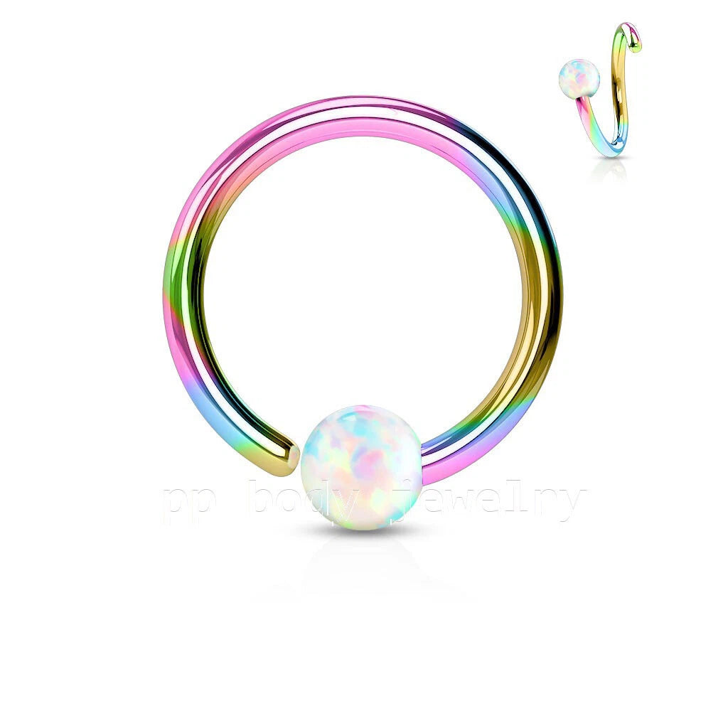 Rainbow IP Plated 316L Surgical Steel White Opal Ball Fixed On End Hoop...