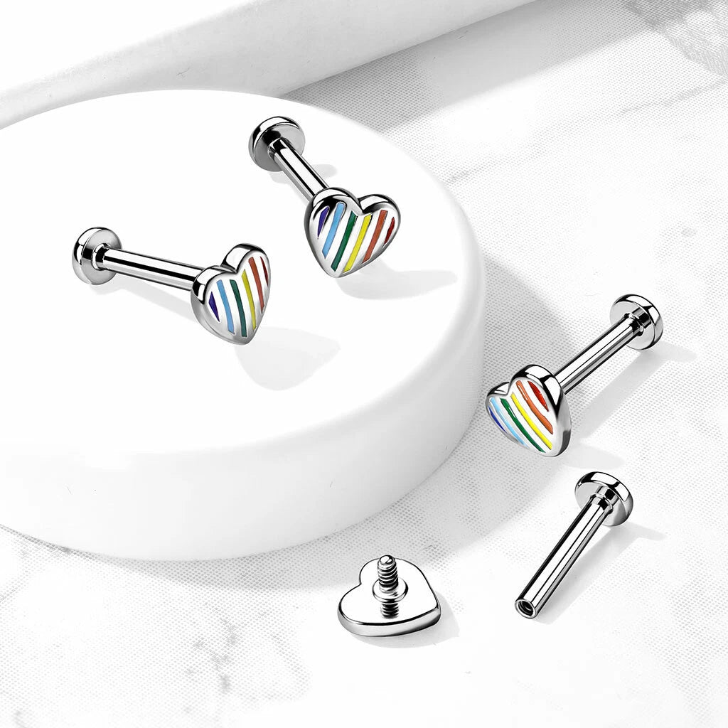 Rainbow Striped Heart Top Internally Threaded 316L Surgical Steel Flat...