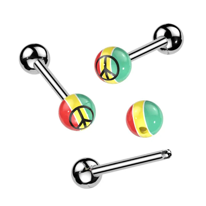 Rasta Acrylic Colored Ball W/ Peace Sign Print 316L Surgical Steel Barbell