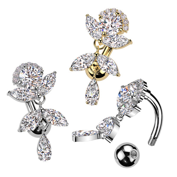 Implant Grade Titanium Brass Top Down Arch CZ Top With Marquise CZ Vine Dangle Belly Button Ring