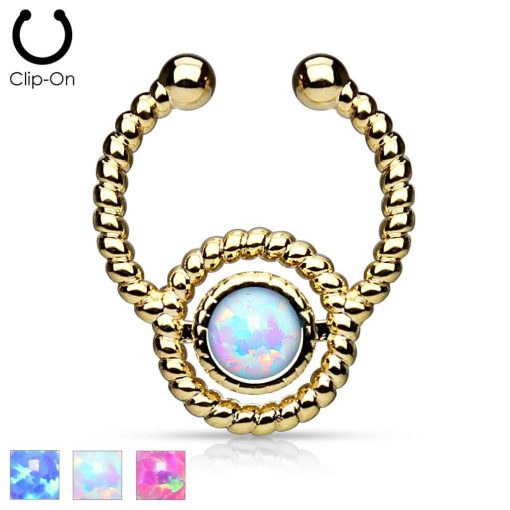 Roped Circle with Single Opal Non-Piercing Gold IP Brass Septum Hanger