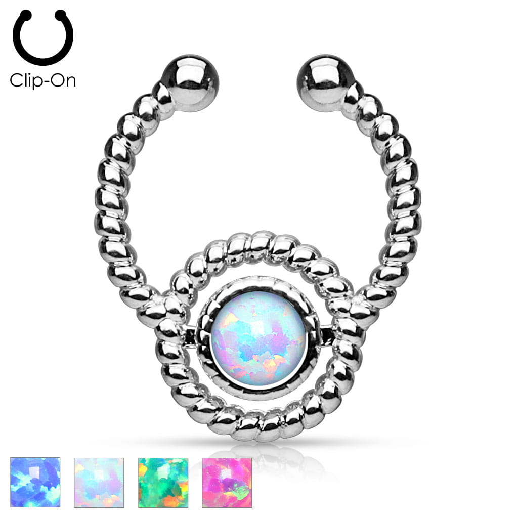 Roped Circle with Single Opal Non-Piercing Septum Hanger