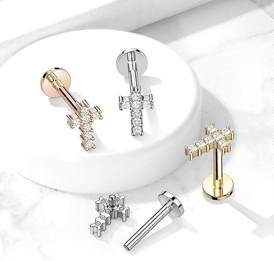 Round CZ Paved Cross Top Internally Threaded 316L Surgical Steel Flat...