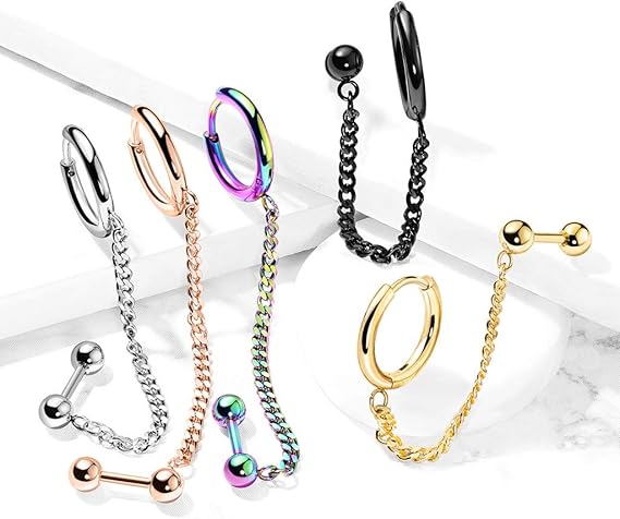 Round Clicker Hoop Earring and Chain Linked Cartilage Barbell 316L...
