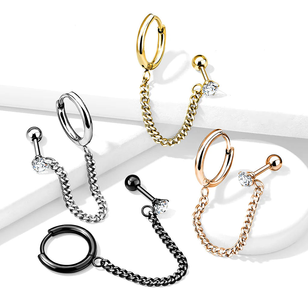 Round Clicker Hoop Earring and Chain Linked Cartilage Barbell with...
