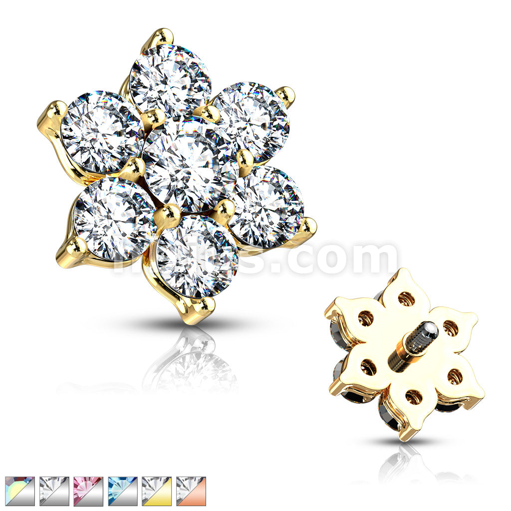 316L Surgical Steel 7 CZ Flower Internally Threaded Dermal Tops - Image 2