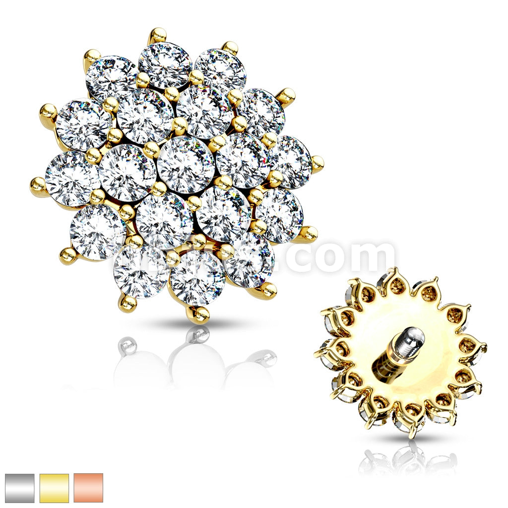 316L Surgical Steel CZ Paved Sunburst Internally Threaded Dermal Tops - Image 2