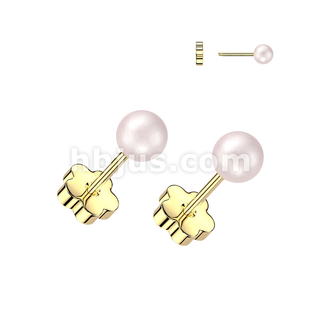 Pair of 316L Surgical Steel Pearl Earring Studs With Flower Screw Back - Image 2