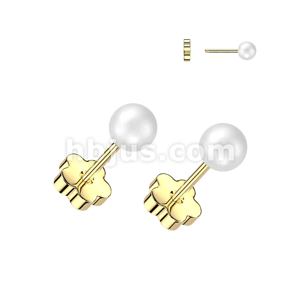 Pair of 316L Surgical Steel Pearl Earring Studs With Flower Screw Back - Image 3