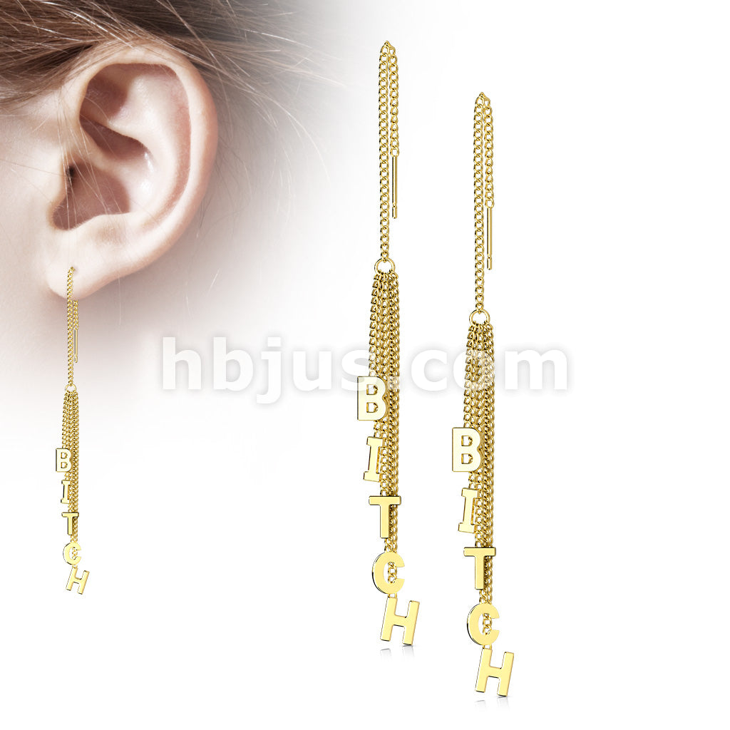 Pair of 316L Surgical Steel Free Falling Threader Earrings With Bitch Letter Dangle - Image 2