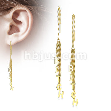 Pair of 316L Surgical Steel Free Falling Threader Earrings With Bitch Letter Dangle - Image 2