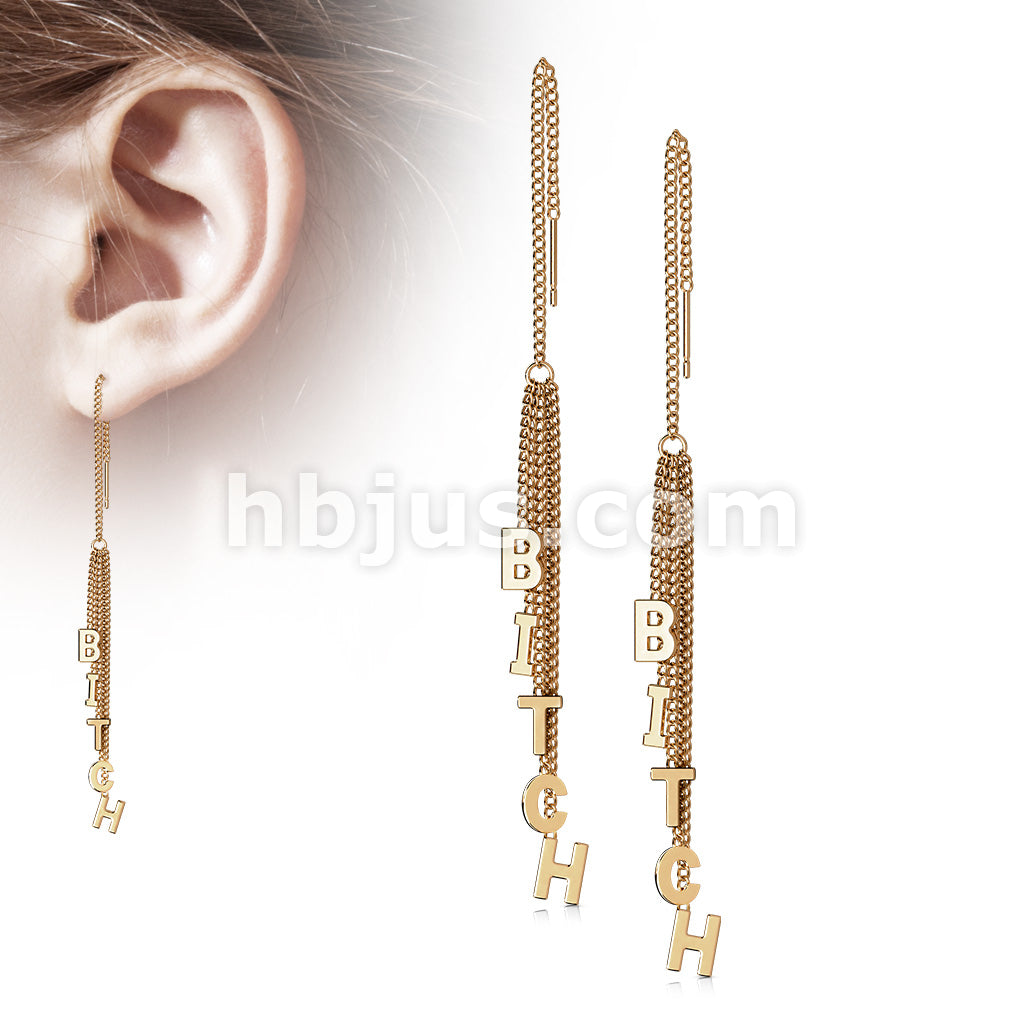 Pair of 316L Surgical Steel Free Falling Threader Earrings With Bitch Letter Dangle - Image 3