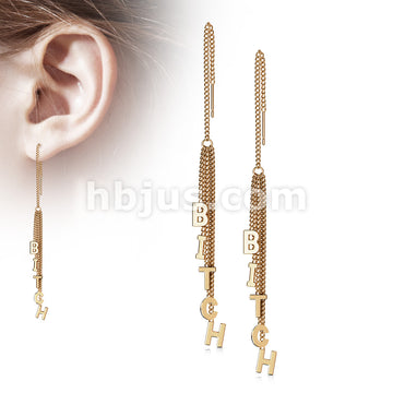 Pair of 316L Surgical Steel Free Falling Threader Earrings With Bitch Letter Dangle - Image 3