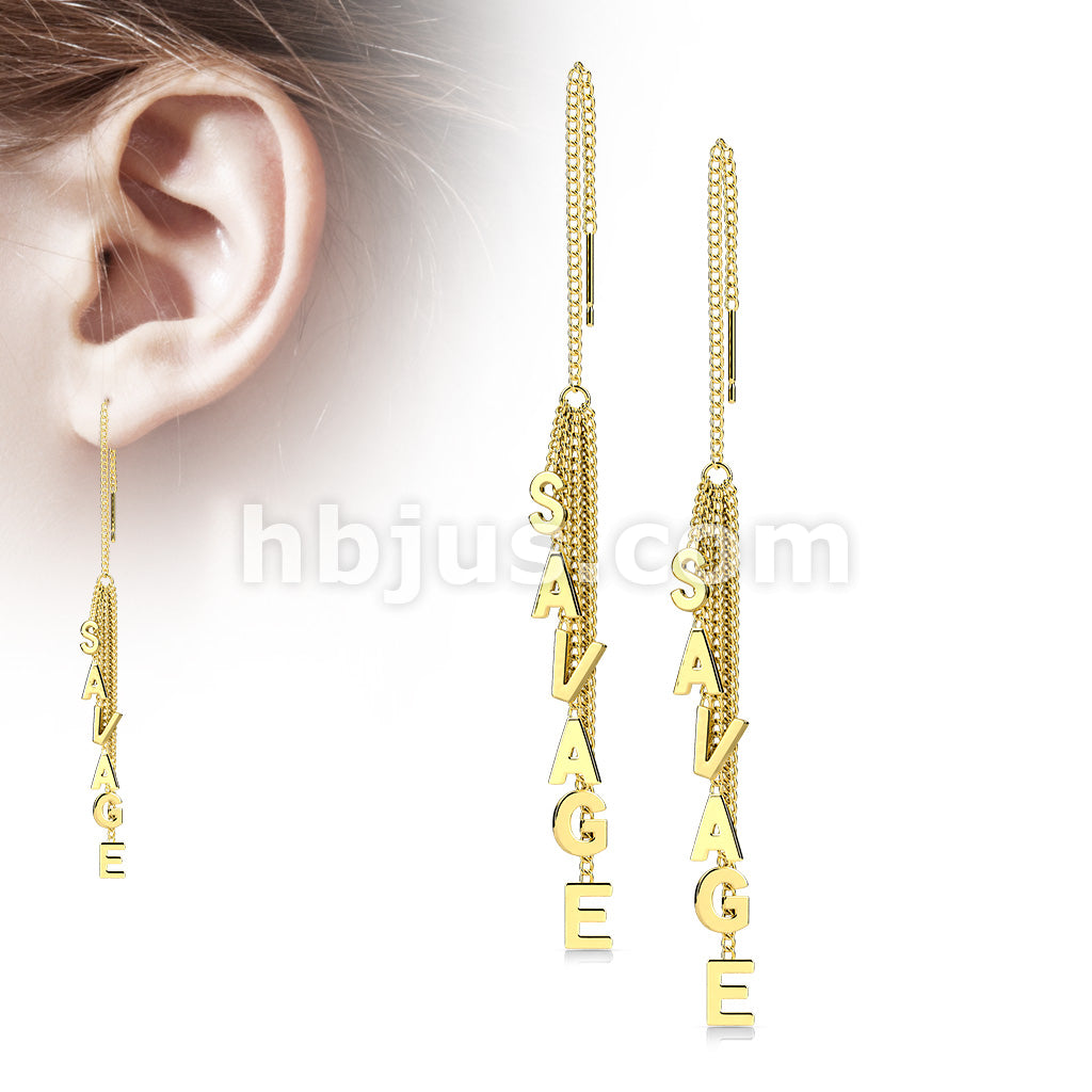 Pair of 316L Surgical Steel Free Falling Threader Earrings With Savage Letter Dangle - Image 2