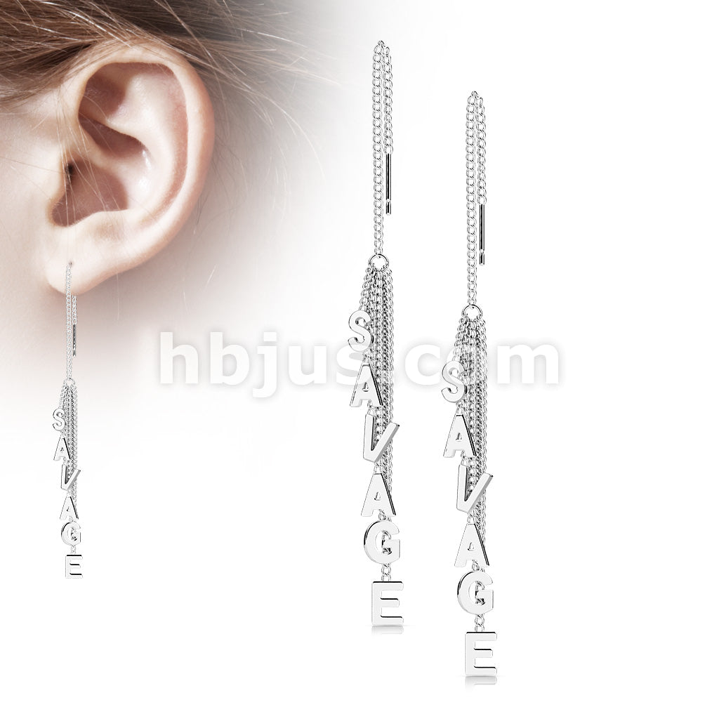 Pair of 316L Surgical Steel Free Falling Threader Earrings With Savage Letter Dangle - Image 4