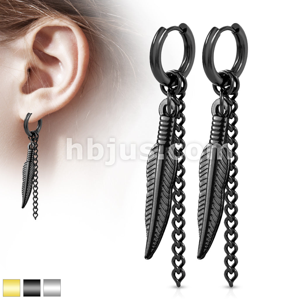 316L Surgical Steel Pair of Feather and Chain Dangle 316L Stainless... - Image 2