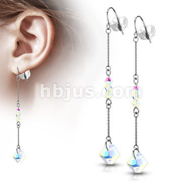 Pair of 316L Surgical Steel Hook Earrings with Chain and Iridescent Beads - Image 2