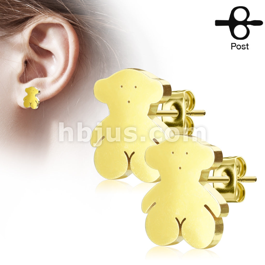 316L Surgical Steel Teddy Bear 316L Stainless Steel Earring Studs Pair - Image 2