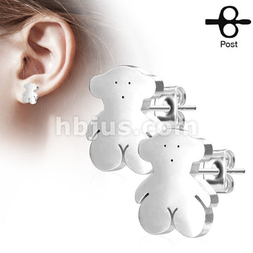 316L Surgical Steel Teddy Bear 316L Stainless Steel Earring Studs Pair - Image 3