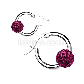 Pair of Colored Crystal Ball 316L Surgical Steel Hoop Earring - Image 2