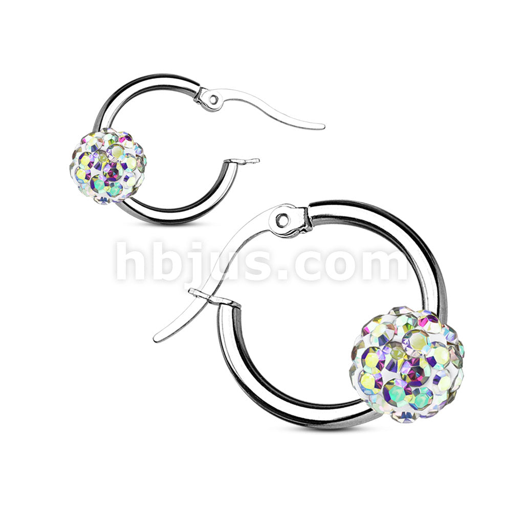 Pair of Colored Crystal Ball 316L Surgical Steel Hoop Earring - Image 3