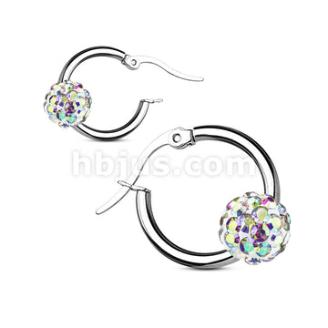 Pair of Colored Crystal Ball 316L Surgical Steel Hoop Earring - Image 3