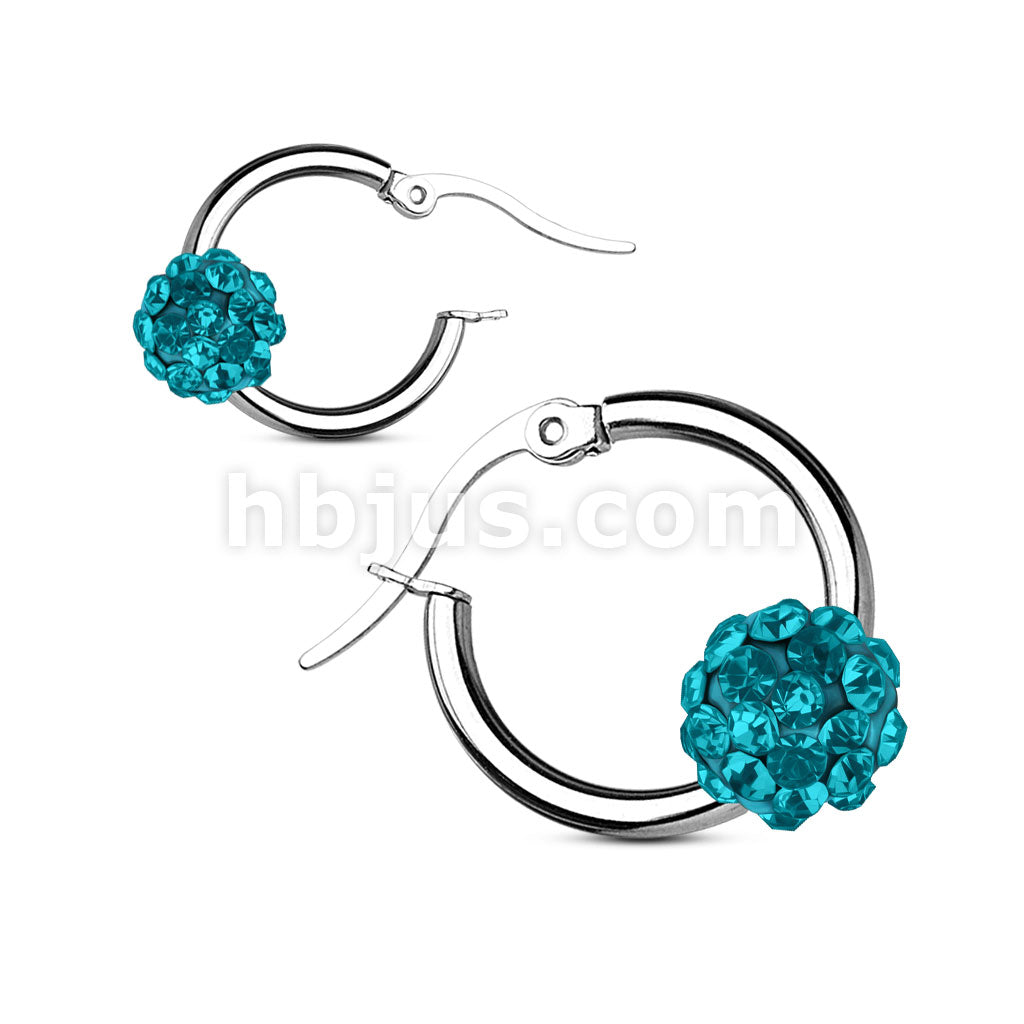 Pair of Colored Crystal Ball 316L Surgical Steel Hoop Earring - Image 7